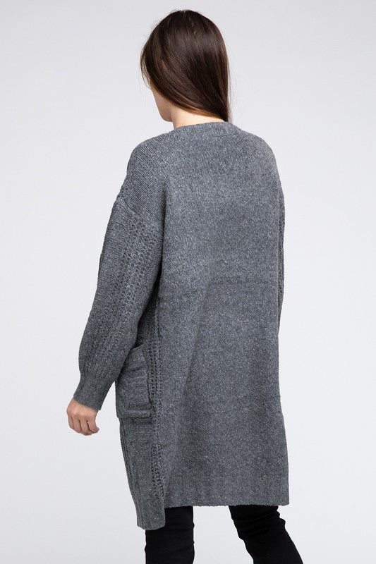 Women Twist Knitted Open Front Cardigan with Pockets | Zarnesh