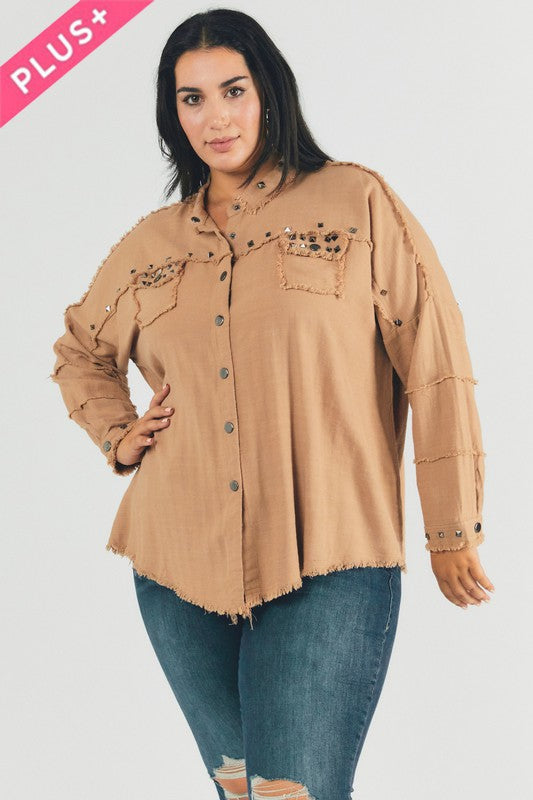 Women’s Plus Distressed Hem Button Down Oversize Shirt | Zarnesh