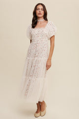 Women Floral  Square Mesh Puff Sleeve Fully Lined Maxi Dress Zarnesh