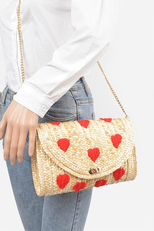 Women Heart Pattern Straw Convertible Clutch Bag Zarnesh