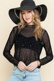 Women Casual Outfit Lightweight Rhinestone Cropped Mesh Top Zarnesh