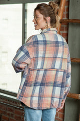 Women Pink Cream Plaid Checker Notched collar Button Shacket Shirt Zarnesh
