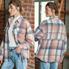 Women Pink Cream Plaid Checker Notched collar Button Shacket Shirt Zarnesh