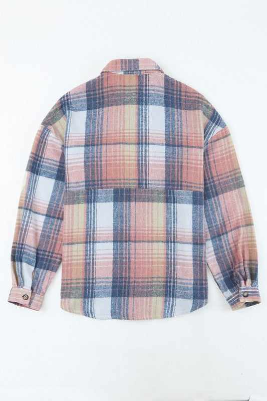 Women Pink Cream Plaid Checker Notched collar Button Shacket Shirt Zarnesh