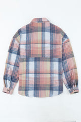 Women Pink Cream Plaid Checker Notched collar Button Shacket Shirt Zarnesh