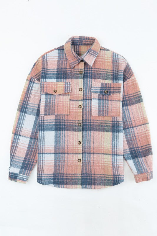 Women Pink Cream Plaid Checker Notched collar Button Shacket Shirt Zarnesh