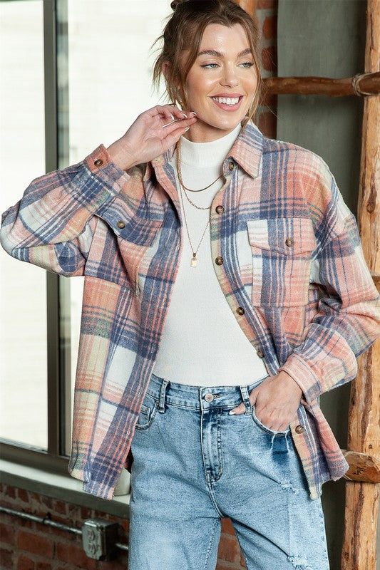 Women Pink Cream Plaid Checker Notched collar Button Shacket Shirt Zarnesh