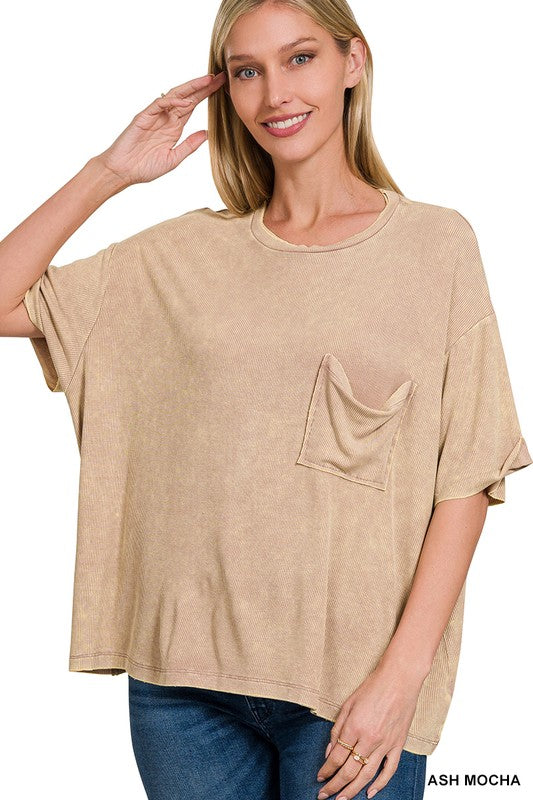 Women Washed Ribbed Cuffed Short Sleeve Round Neck Top | Zarnesh