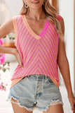 Women Pink Abstract Stripe Chevron Knit V Neck Sleeveless Top Zarnesh