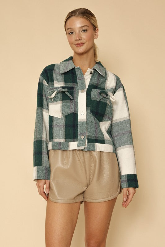 Women Cropped Flannel Jacket With Bow Detailing | Zarnesh