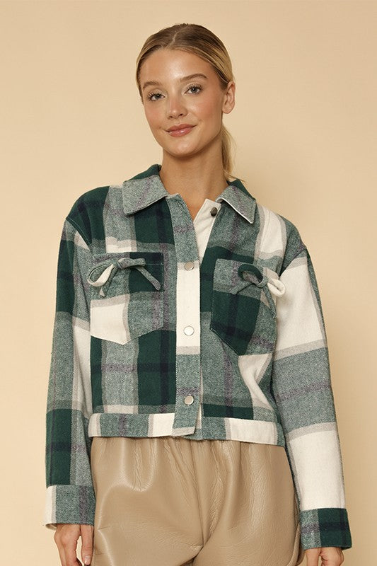 Women Cropped Flannel Jacket With Bow Detailing | Zarnesh