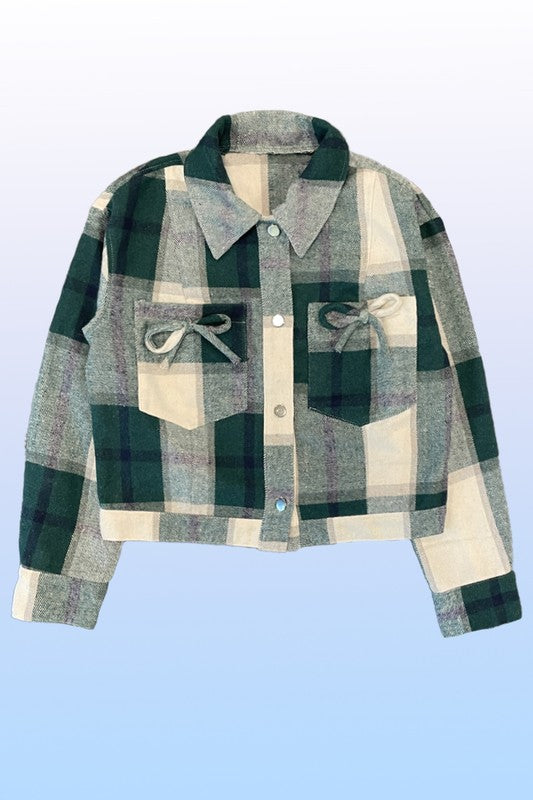 Women Cropped Flannel Jacket With Bow Detailing | Zarnesh