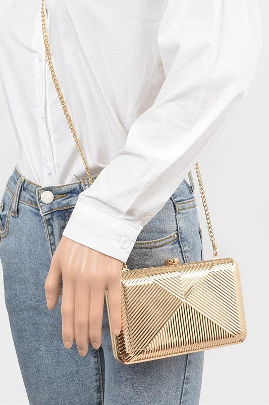 Womens Textured Shiny Metal Box Clutch Chain Shoulder Purse | Zarnesh