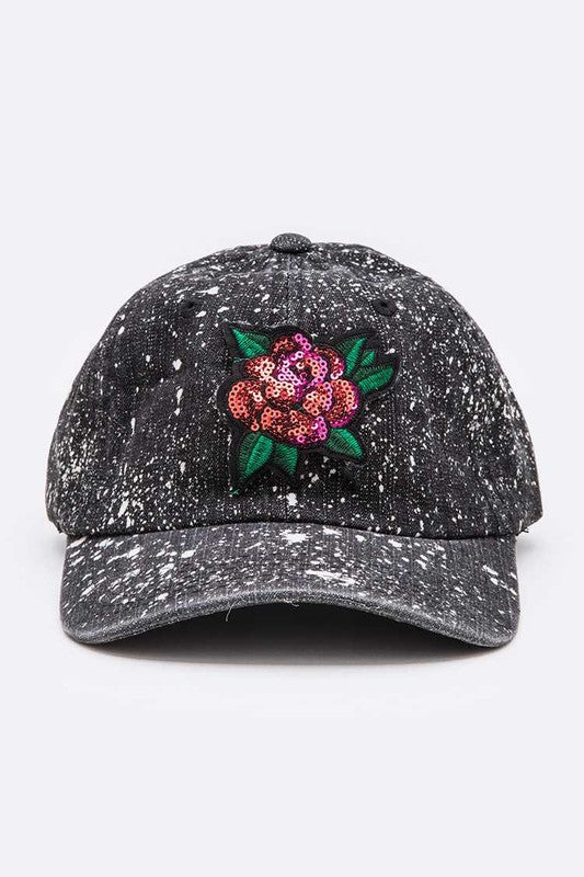 Women Sequin Rose Patch Paint Splattered Cotton Cap | Zarnesh