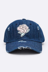 Women Rose Patch Distressed Denim Cap | Zarnesh