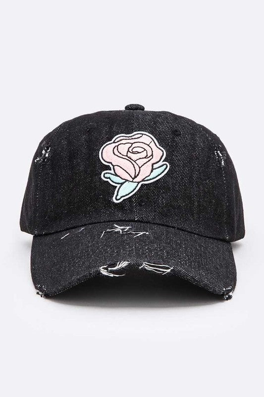 Women Rose Patch Distressed Denim Cap | Zarnesh