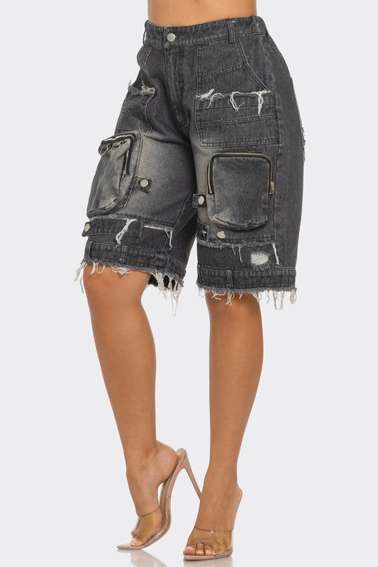 Women Utility-Chic Frayed Denim Casual Cargo Shorts | Zarnesh