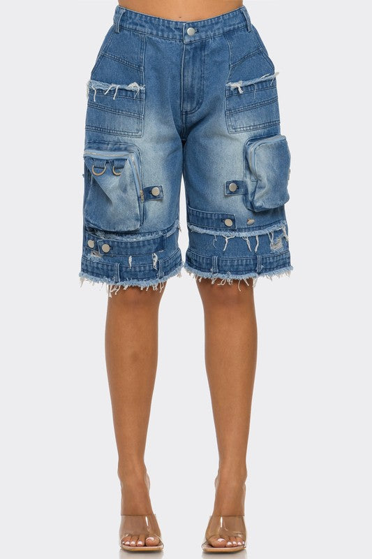 Women Utility-Chic Frayed Denim Casual Cargo Shorts | Zarnesh