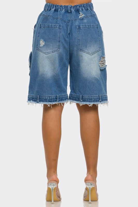 Women Utility-Chic Frayed Denim Casual Cargo Shorts | Zarnesh