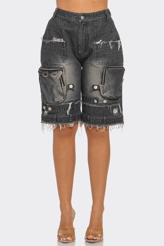 Women Utility-Chic Frayed Denim Casual Cargo Shorts | Zarnesh