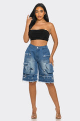 Women Utility-Chic Frayed Denim Casual Cargo Shorts | Zarnesh