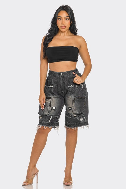 Women Utility-Chic Frayed Denim Casual Cargo Shorts | Zarnesh