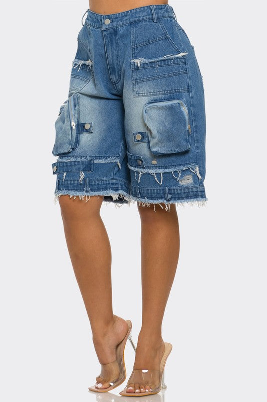 Women Utility-Chic Frayed Denim Casual Cargo Shorts | Zarnesh