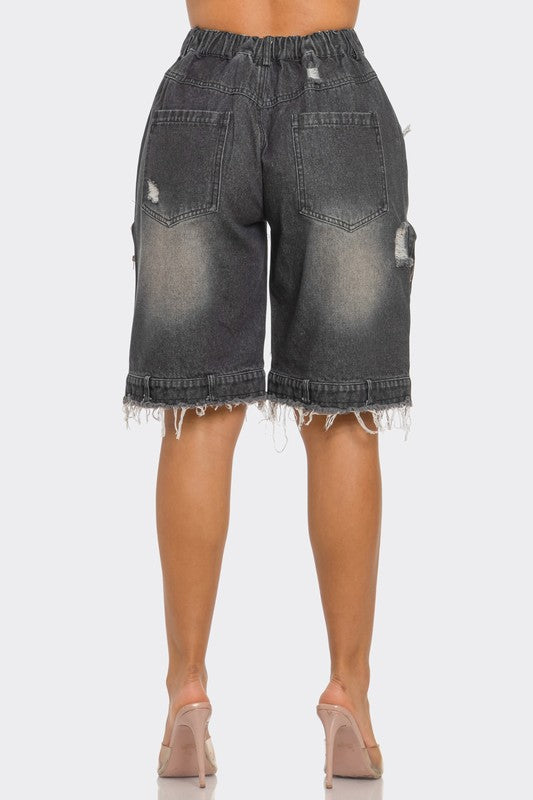 Women Utility-Chic Frayed Denim Casual Cargo Shorts | Zarnesh