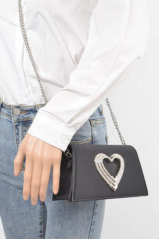 Womens Crystal Heart Satin Top Handle Rhinestone Clutch  | Zarnesh