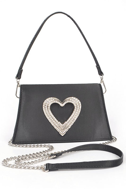 Womens Crystal Heart Satin Top Handle Rhinestone Clutch  | Zarnesh