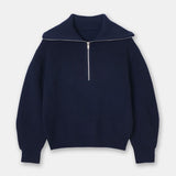 Women V Neck Half Zip Lapel Collar Long Sleeves Knit Sweater Zarnesh