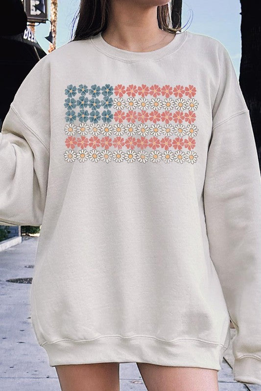 Women's Patriotic Flower Flag Graphic Fleece Sweatshirts | Zarnesh