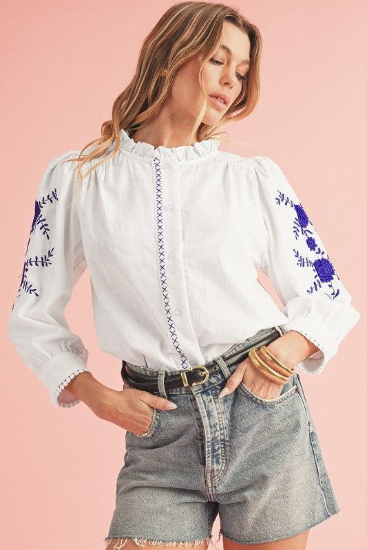 Women Floral Embroidered Button-Up Shirt | Zarnesh