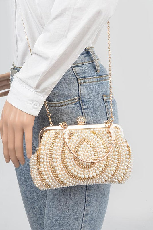 Women Pearl Rhinestone Beaded Top Handle Clutch Bag | Zarnesh