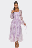 Women Fitted Bodice Square Neckline Lavender Blossom Puff Sleeve Dress Zarnesh