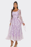 Women Fitted Bodice Square Neckline Lavender Blossom Puff Sleeve Dress Zarnesh