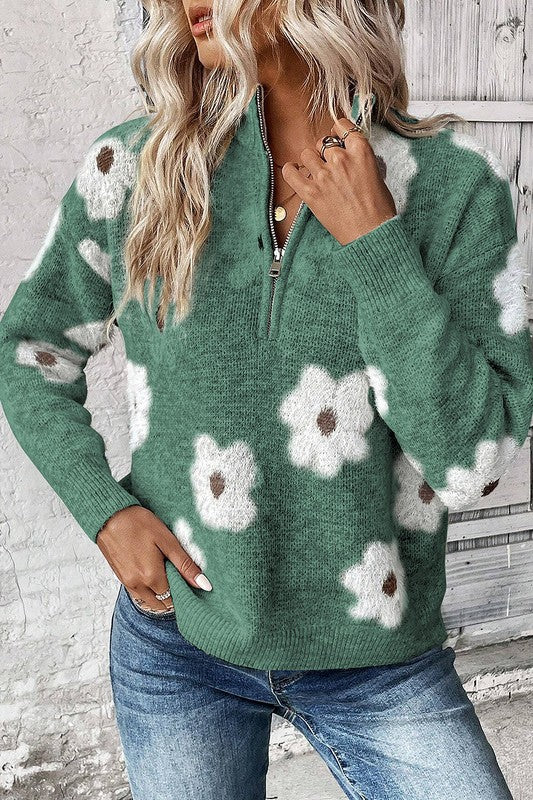 Women Floral Pattern Drop Shoulder Half Zip Sweater | Zarnesh