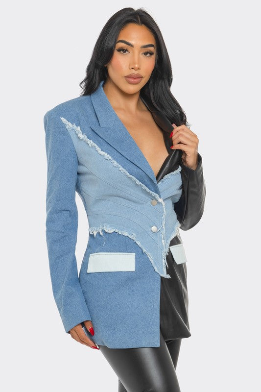 Women Edgy Denim and Leather Patchwork Blazer | Zarnesh