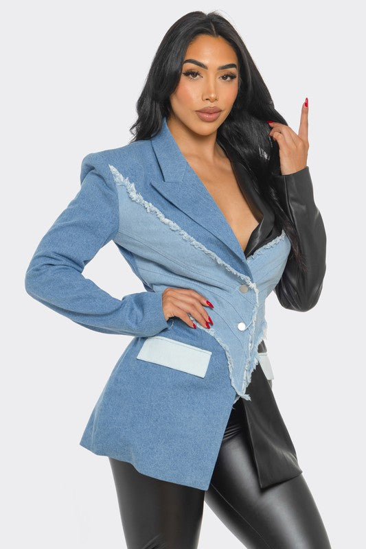 Women Edgy Denim and Leather Patchwork Blazer | Zarnesh