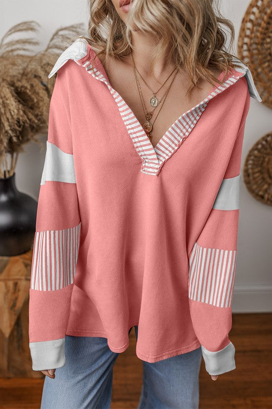 Women Striped Colorblock Patchwork Collar Sweatshirt | Zarnesh