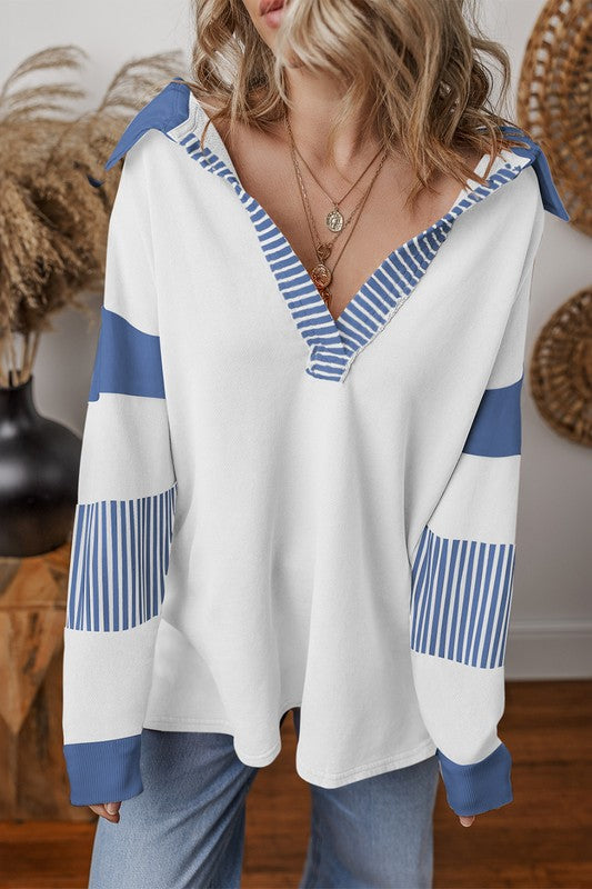 Women Striped Colorblock Patchwork Collar Sweatshirt | Zarnesh