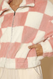 Women Fuzzy Checkered Zip Front Jacket | Zarnesh