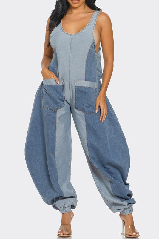 Women Denim Patchwork Harlem Jumpsuit | Zarnesh