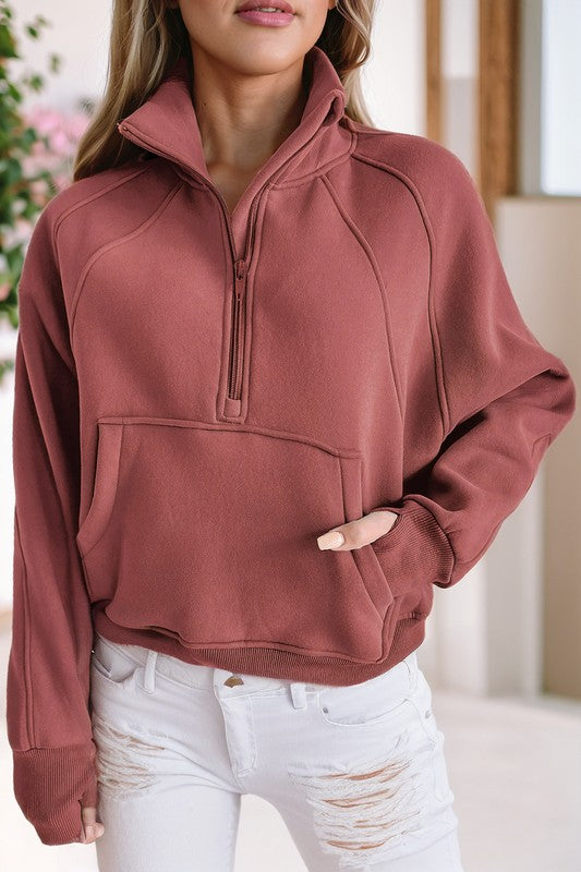 Women Stand Collar Ribbed Thumbhole Sleeve Sweatshirt | Zarnesh