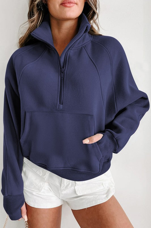 Women Stand Collar Ribbed Thumbhole Sleeve Sweatshirt | Zarnesh