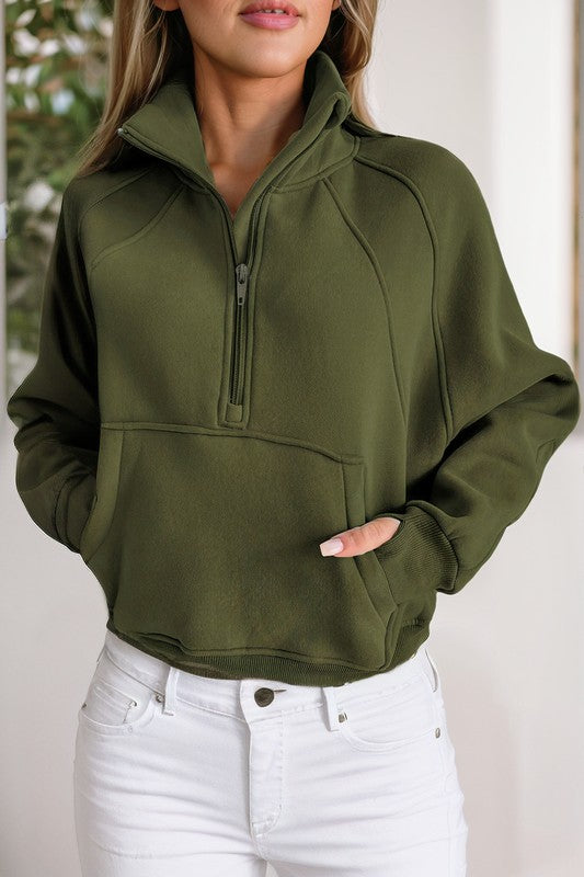 Women Stand Collar Ribbed Thumbhole Sleeve Sweatshirt | Zarnesh