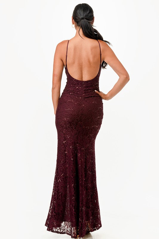 Women Zipper Open Back Lace Sequins Mermaid Dress Zarnesh