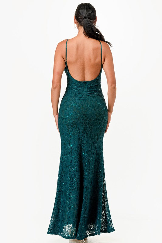 Women Zipper Open Back Lace Sequins Mermaid Dress Zarnesh