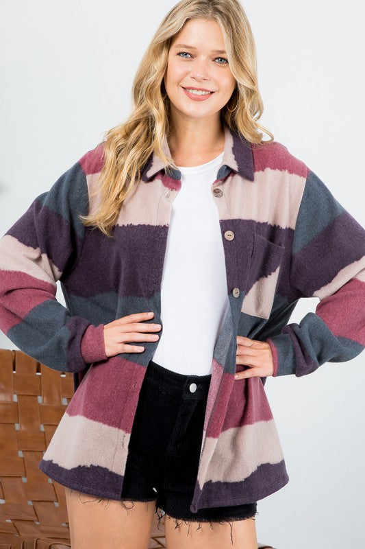 Women Plus Fuzzy Stripe Button Down Shacket | Zarnesh