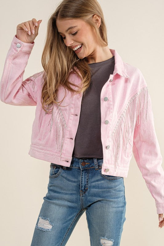 Women Crop Denim Jacket With Rhinestone Fringe | Zarnesh